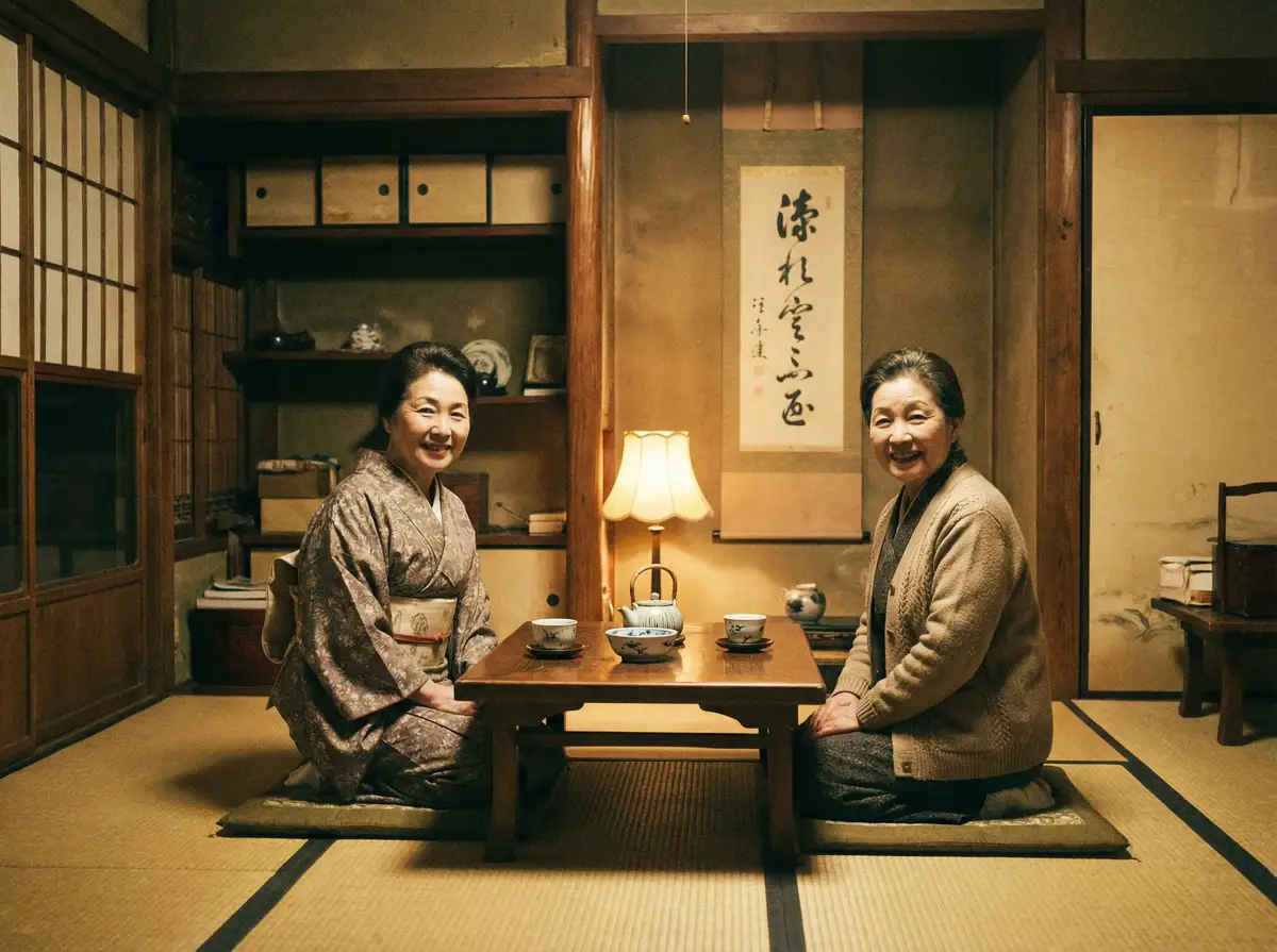 两位优雅的 辉煌国际平台 在日式茶室中品茶交谈